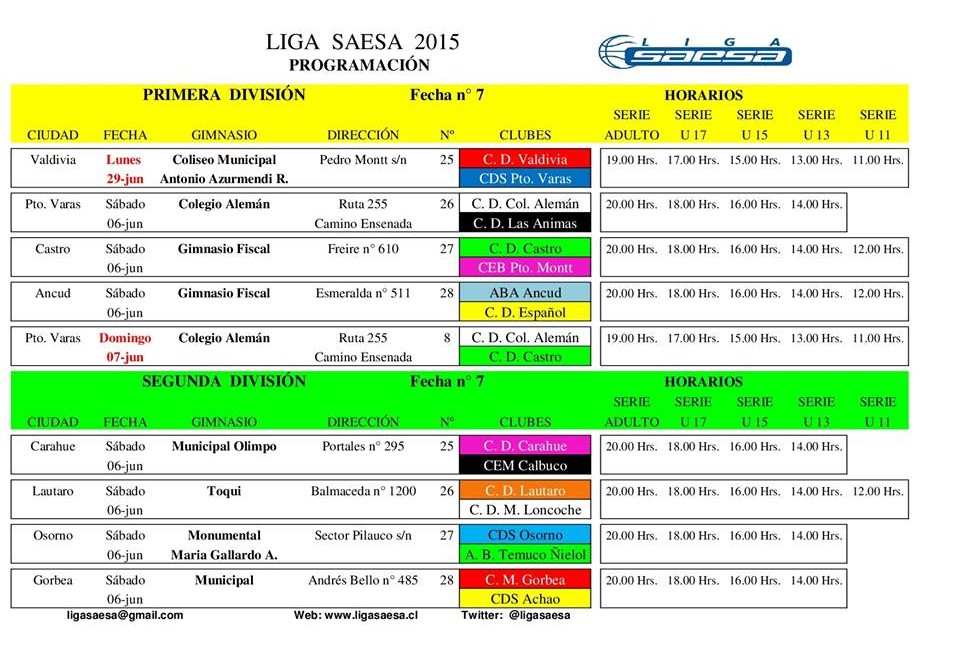 LIGA SAESA Programación 7° fecha 2° división modificada (Lautaro vs Loncoche cambio localia, Gorbea cambio gimnasio)