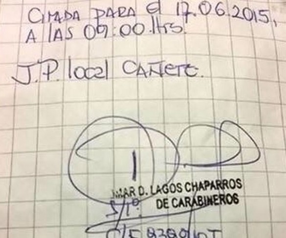 Polémica por supuesto parte de carabineros escrito en una hoja de cuaderno en Cañete